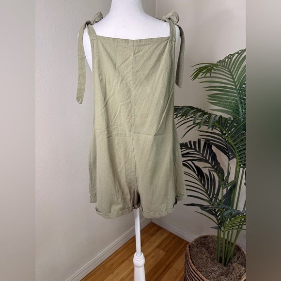 Sage Green Bow Tie Romper with Pockets - Picture 2 of 7